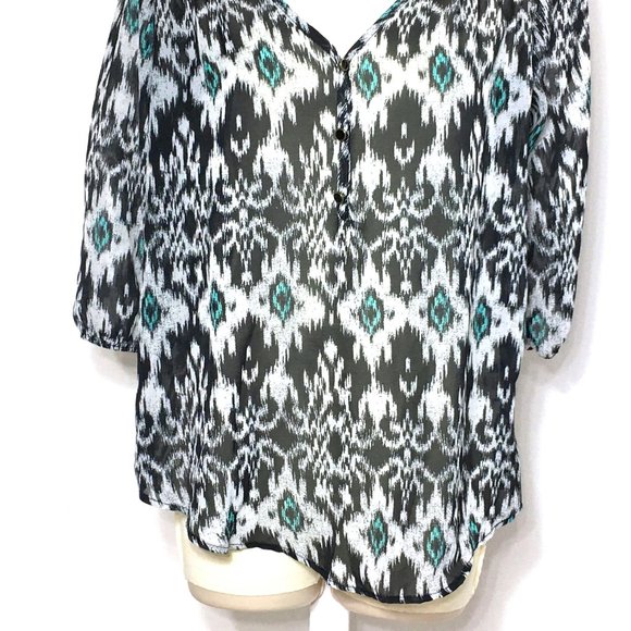Living Doll Ikat Abstract Print Top Tunic Blouse Shirt M Black Blue White - Picture 6 of 9